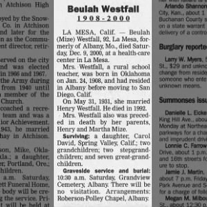 Obituary for Beulah Westfall