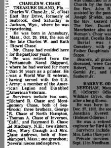 OBIT_Charles W. Chase Jr._d 18 Sep 1976, Jackson, WY_lived Fla, formerly of Seabrook NH