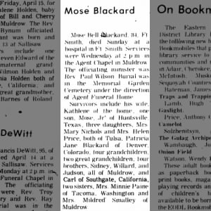 BLACKARD, Mose Bell 1892-1977 -- 1977 Obituary, Muldrow OK