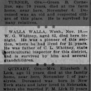Obituary Spokesman Review Nov 15 1910
William Gage Whitney