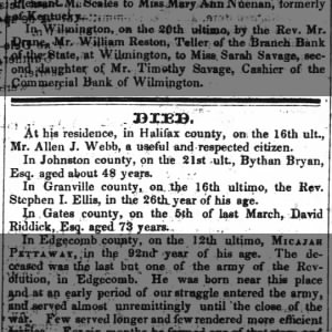 5 Mar 1849 death David Riddick, Esq, age 73. Gates County NC