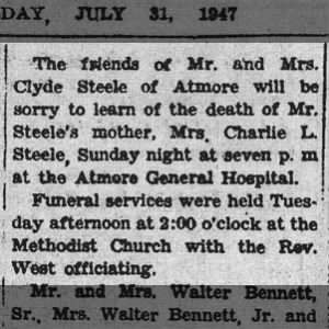 Death of Mrs. Charlie L. Steele