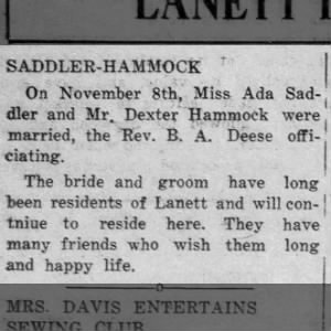 Hammock, Dexter 1926-11-10 Married Miss Ada Sadler