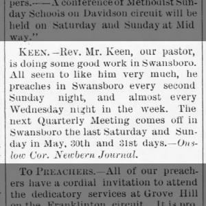 1891May6 Rev. Keen is reportedly doing good works in Swansboro -Raleigh Christian Advocate, Wed. Pg3