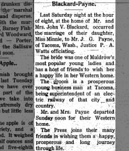 BLACKARD, Minnie I & PAYNE, J G -- 1911 Marriage Announcement, Muldrow OK