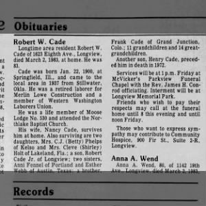 Obituary for Robert W Cade