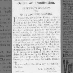 Jefferson Goolsby Vs Mary Adeline Goolsby - Order of Publication