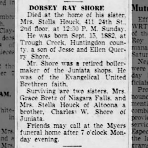 Dorsey Ray Shore (1882 - 1951)'s Obituary