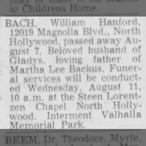 Obituary for William Hanford Bach