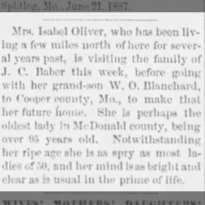 Isabel Oliver, possibly oldest lady in McDonald County, MO (1887).