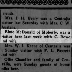 Elmo McDonald visits Centralia, Missouri, from Moberly