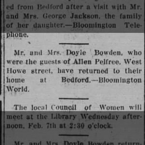 The Bedford Daily Mail
Bedford, Indiana · Tuesday, February 06, 1917
Allen Pelfree