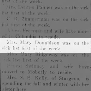 Mary Haines Donaldson - on Sick List