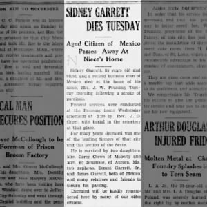 Obituary- SIDNEY GARRETT, 85, Mexico, Audrain Cnty, Missouri (d.24Jul1928), CentraliaC, 26Jul1928p1