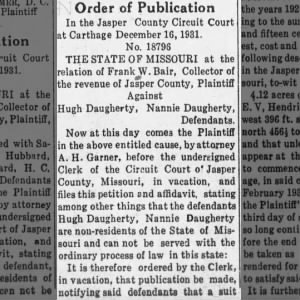 Suit for property in Jasper County, MO; Hugh Daugherty & Nannie Daugherty defendants Jan 1932