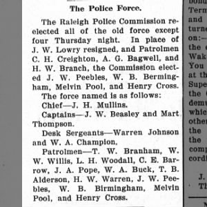 W.W. Willis re-elected to the Police Force as a Patrolman.  December 12, 1907.