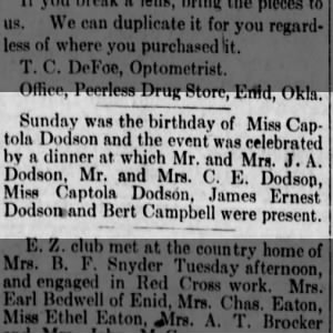 Willie and James Dodson celebrate Captola's birthday (17 March 1886).  Bert Campbell was present.