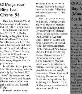 Obituary for Bina Lee Givens