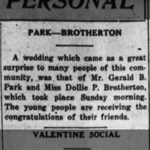 Park-Brotherton Wedding. The Greeneville Daily Sun (Greeneville, Tennessee) 12 Feb 1919 Page 4