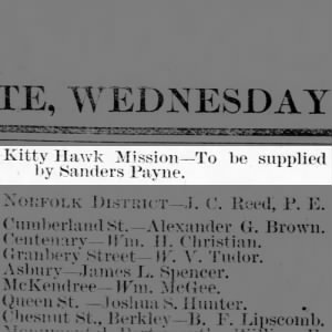 Sanders Payne named supply preacher for Kitty Hawk Mission in 1887