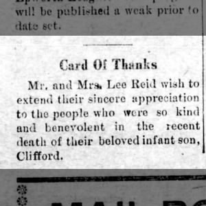 1914 June 25  M/M Lee Reid thanks for kindness in death of infant son, Clifford