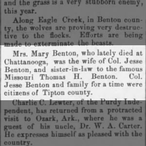 Mrs. Mary Benton- June 1881-TN -Thomas H. Benton brother-in-law
