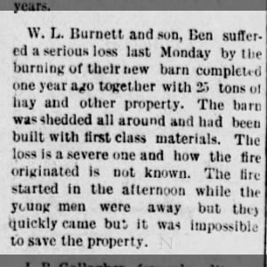 Burnett, W.L.; barn fire; 25 tons hay; serious loss