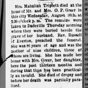 Mahala Triplett died 1911