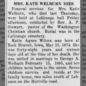 Obituary for KATE WELBURN