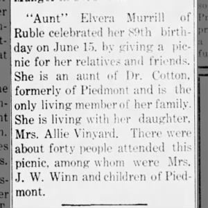 WHITECOTTON, ELVIRA CELEBRATES 89TH BIRTHDAY  (PIEDMONT WEEKLY BANNER 6/22/1916)