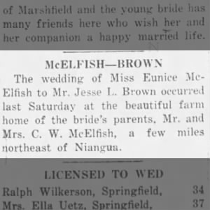 McElfish farm northeast of Niangua 
Missouri May be bought by Tom hogan 1928