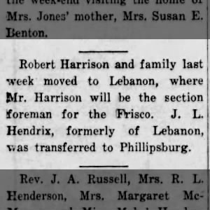 Robert Hurley Harrison and family moved to Lebanon, MO for his railroad job.