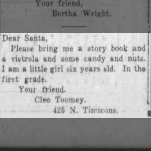 Cleo Rose Toomey, 6 years old writes a letter to Santa