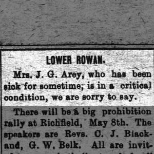 Mrs. J.G. Arey is critically sick Carolina Watchman 5-6-1908