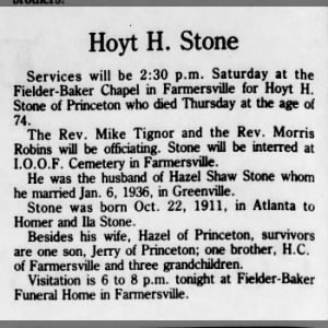 Obituary for Hoyt H. Stone