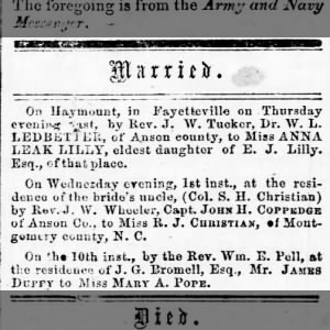 1863Jul22 Married: Dr W L Ledbetter of Anson Co to Anna Lilly of Raleigh,