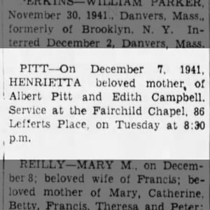 PITT Henrietta Obituary