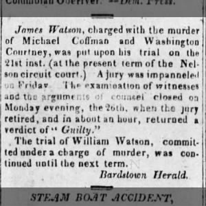 Watson found Guilty of Murdering Michael Coffman and Washington Courtney 14 Apr 1827