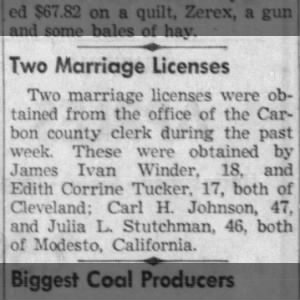 Notice of marriage license application Sun Advocate 21 Oct 1954