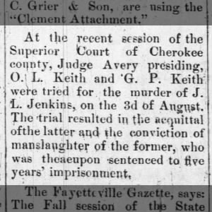 O L Keith convicted of manslaughter of J L Jenkins 16 Oct 1878