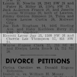 Marriage License Everett Leroy Jay, 21 & Cherrie Lee Thompson, 17