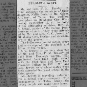 The Enid Events 20 Sept 1923 p7-Beasley-Jewett marriage