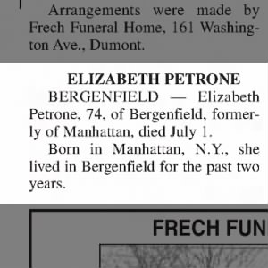 Obituary for ELIZABETH PETRONE