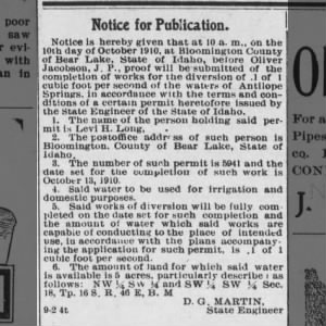 Public notice of permit, 1910 Levi Long