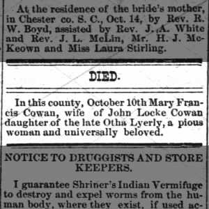 1886 Death Notice of Mary Francis Lylerly, wife of John Locke Cowan