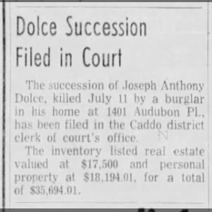 Joseph Anthony Dolce Killed July 11, 1959 In his home -- Court Case Proceedings