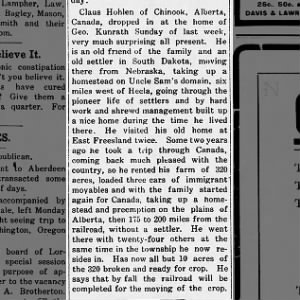 Claus Hohlen of Chinook. 1913 North Dakota paper
