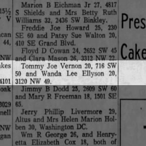 Tommy Joe Vernon and Wanda Lee Ellyson Marriage announcement 