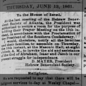 Hebrew Benevolent Society prays for the Confederacy