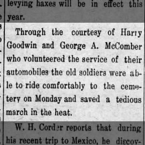 George A. McComber volunteers the service of his automobile to soldiers
